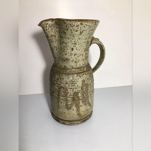 Vintage celedon stoneware art pottery ruffle pitcher sign by artist#celadon - Picture 1 of 7